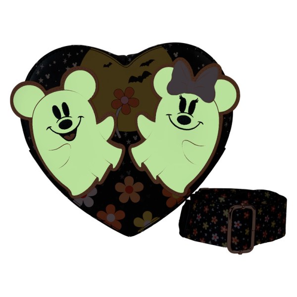 Bolso Bandolera con forma de corazón y diseño de fantasmas y flores de Mickey y Minnie - DISNEY LOUNGEFLY