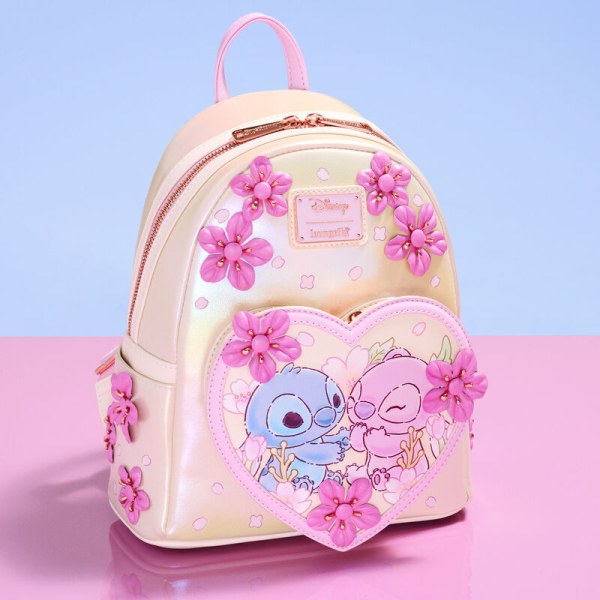 Mini Mochila con corazón de flor de cerezo de Stitch y Ángel - DISNEY LOUNGEFLY