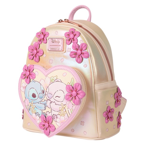 Mini Mochila con corazón de flor de cerezo de Stitch y Ángel - DISNEY LOUNGEFLY