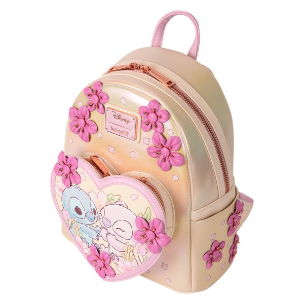 Mini Mochila con corazón de flor de cerezo de Stitch y Ángel - DISNEY LOUNGEFLY