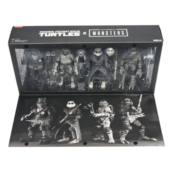 Pack 4 figuras Tortugas Ninja Universal Monsters x Teenage Mutant Ninja Turtles Blanco y Negro 18 cm