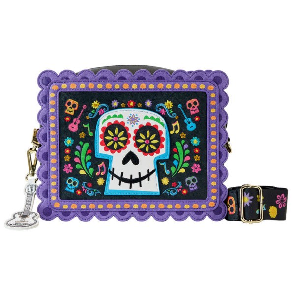 bolso bandolera Loungefly Disney Coco Miguel Calavera con diseño floral de calavera