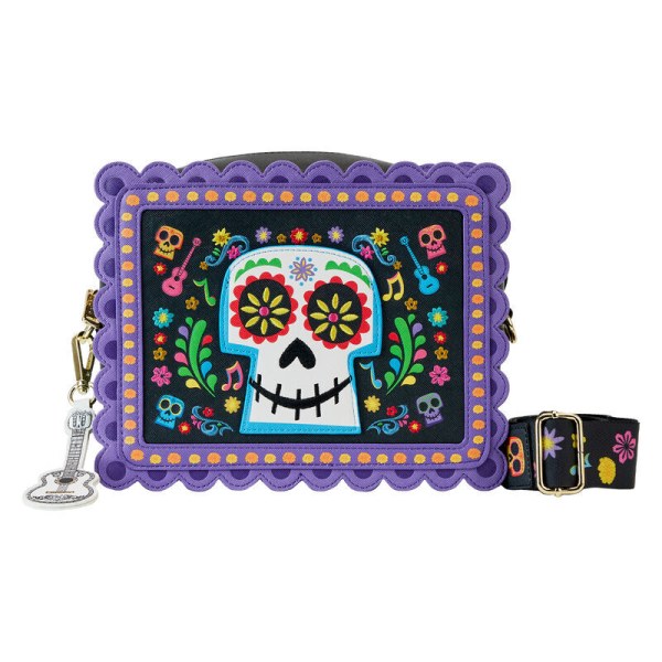 bolso bandolera Loungefly Disney Coco Miguel Calavera con diseño floral de calavera