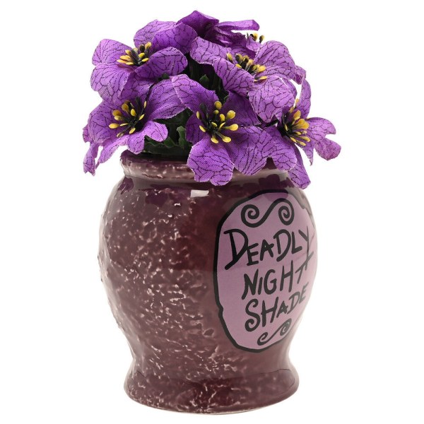 Maceta de Disney Nightmare Before Christmas con diseño de belladona y planta artificial.
