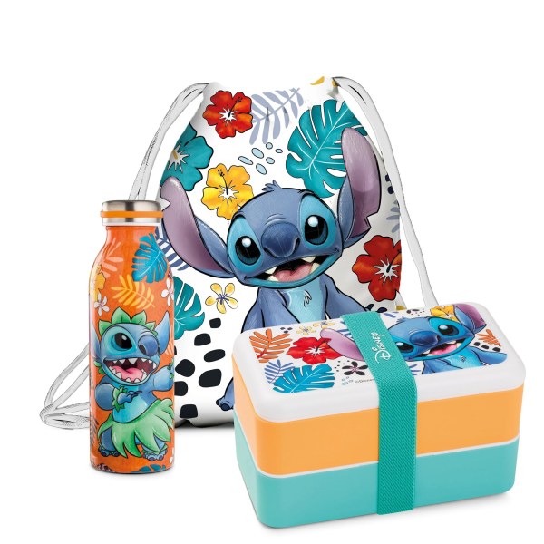 Conjunto Botella + Fiambrera + Bolsa con Cordón Stitch - Disney